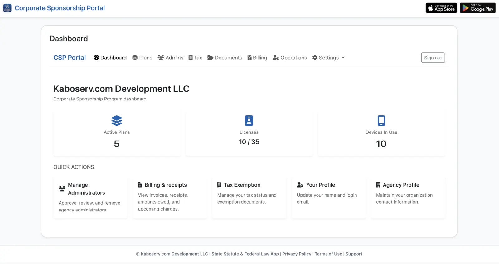 The Corporate Sponsorship Portal dashboard, showing active plans, licenses in use, devices in use and the quick actions for administrators, billing, tax exemption and profiles