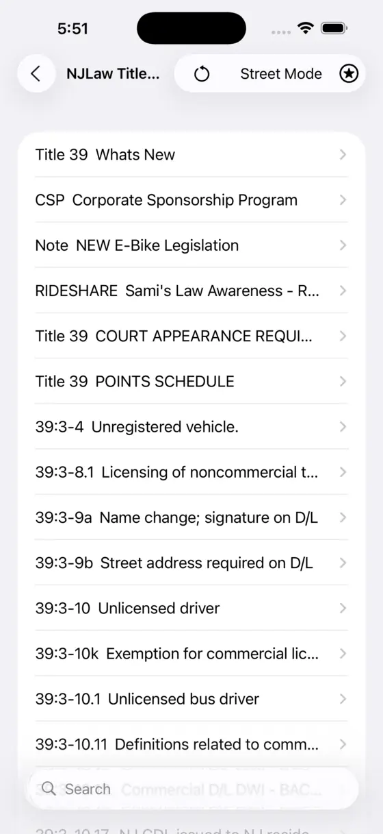Browsing the sections of New Jersey Title 39 in the app