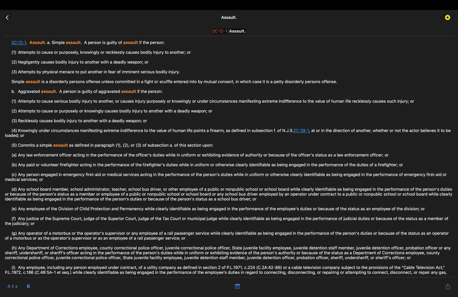 The app on Mac showing the full text of New Jersey statute 2C:12-1, Assault