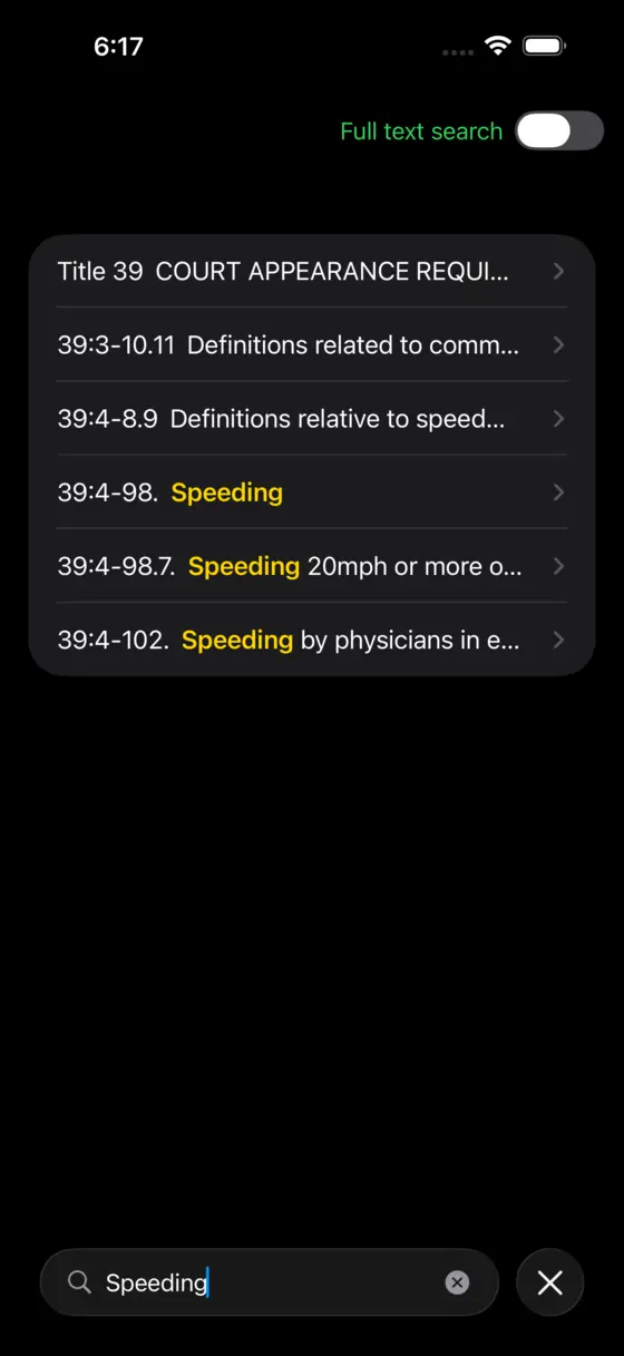 Searching within New Jersey Title 39 for the word speeding in dark mode, with matches highlighted
